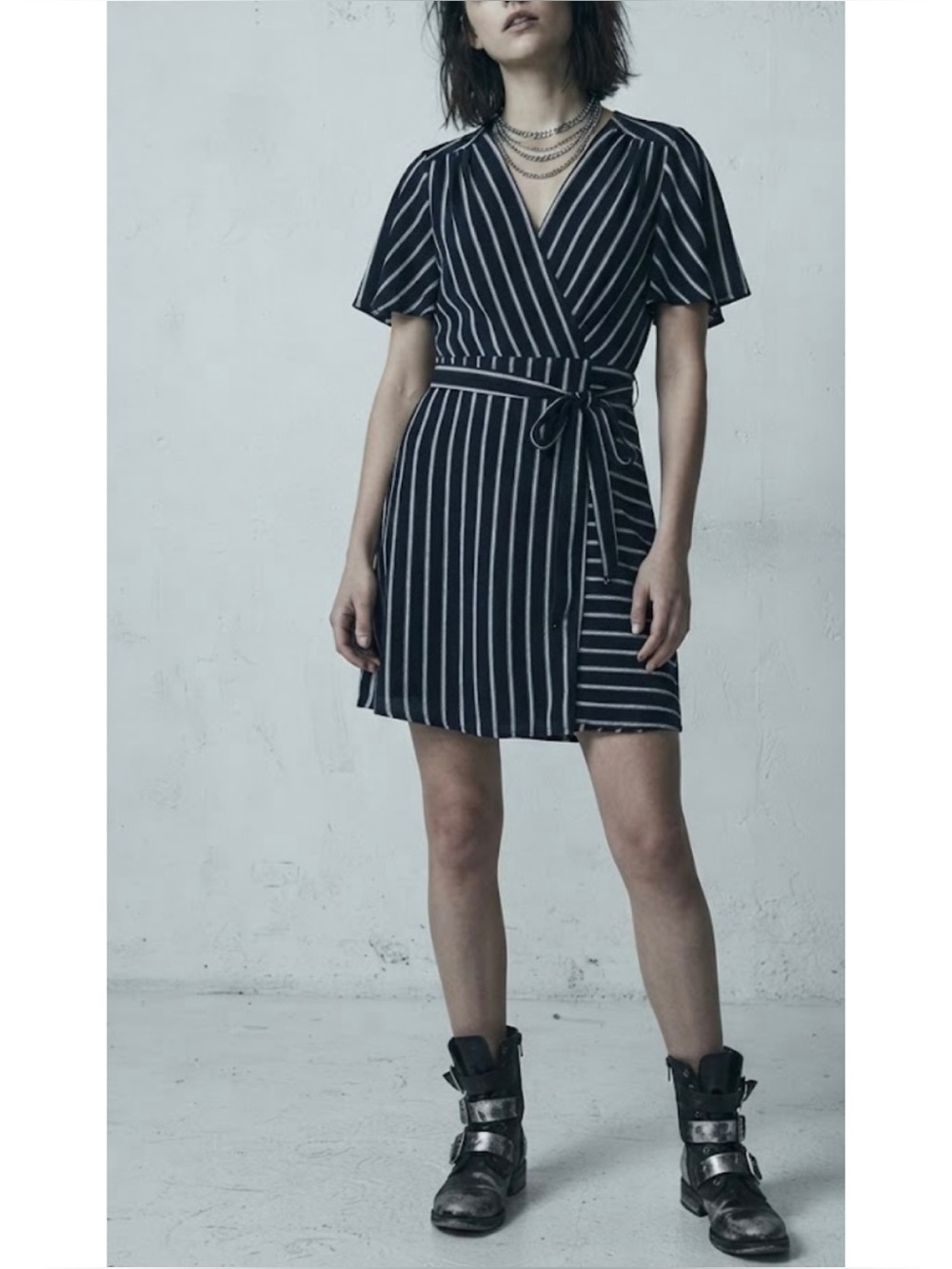 Monteau Los Angeles V-Neck Striped Faux Wrap Mini Dress